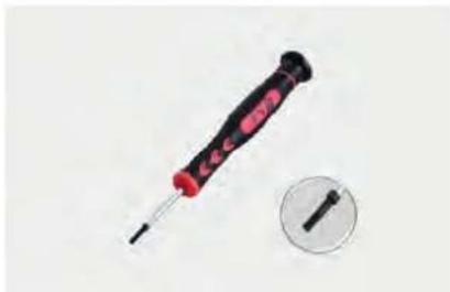 Close-up of a red and black screwdriver with a circular inset showing a small black tool (no text or symbols visible)