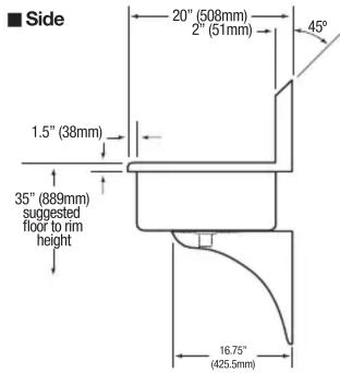Side 20" (508mm) 2" (51mm) 45° 1.5" (38mm) 35" (889mm) suggested floor to rim height 16.75" (425.5mm)