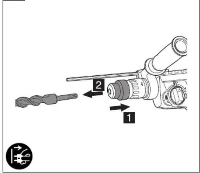 Technical diagram showing a drill bit and a mechanical component with labeled parts 1 and 2