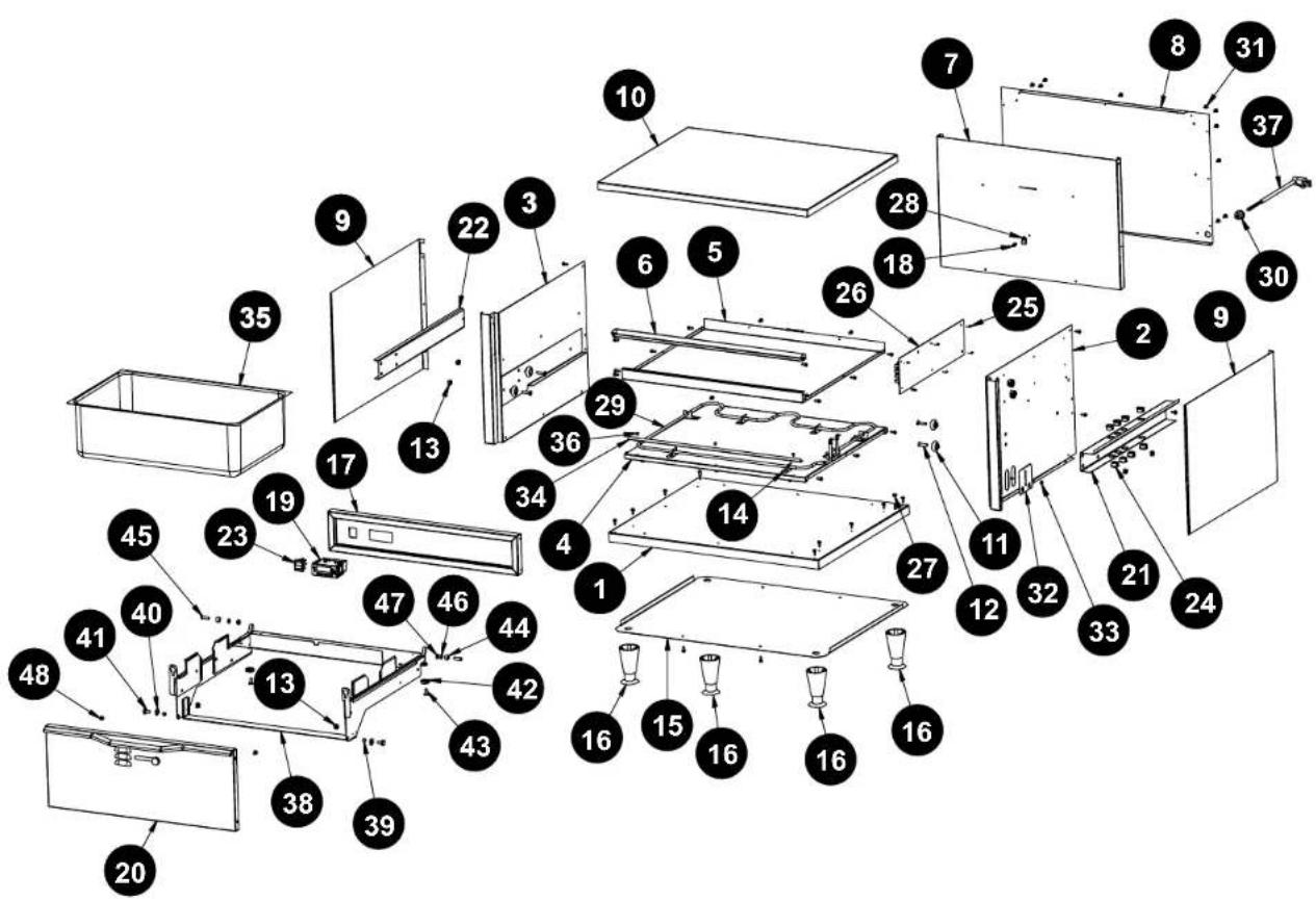 Exploded view diagram of a refrigerator with numbered components for identification