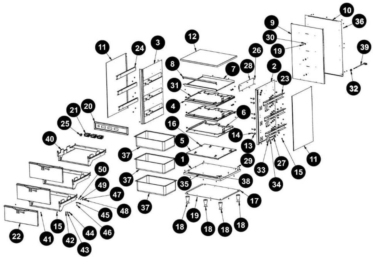 Exploded view diagram of a refrigerator with numbered components for identification
