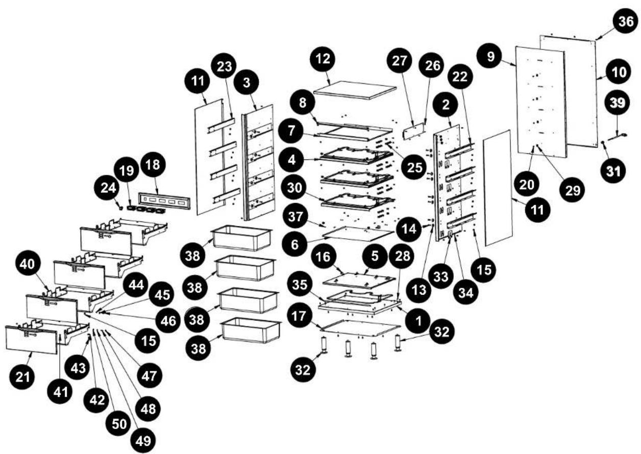 Exploded view diagram of a refrigerator with numbered components for identification