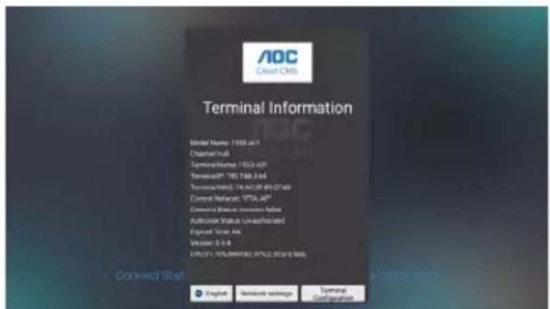 AOC Cloud China Terminal Information Model Name: 7020-041 Channel full Terminal Name: 7020-041 Terminal®: "YTD TAB.334" Terminal NAME: 7020-041 (07:46) Current Network: YTD.48* Current Status: Unrequired Data AutoCAD Status: Unrequired Data Objective Type: Air Version: 5.5.8 SPECITE: PUMINIONE OPTIC 2019 MAX Connect Stat English Network settings Terminal Configuration
