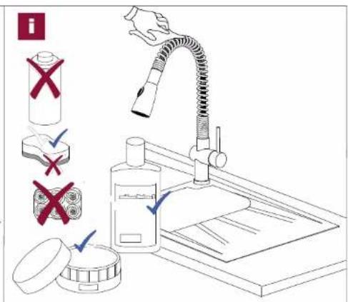 Diagram illustrating kitchen cleaning and inspection steps with icons for battery, spray bottle, and showerhead