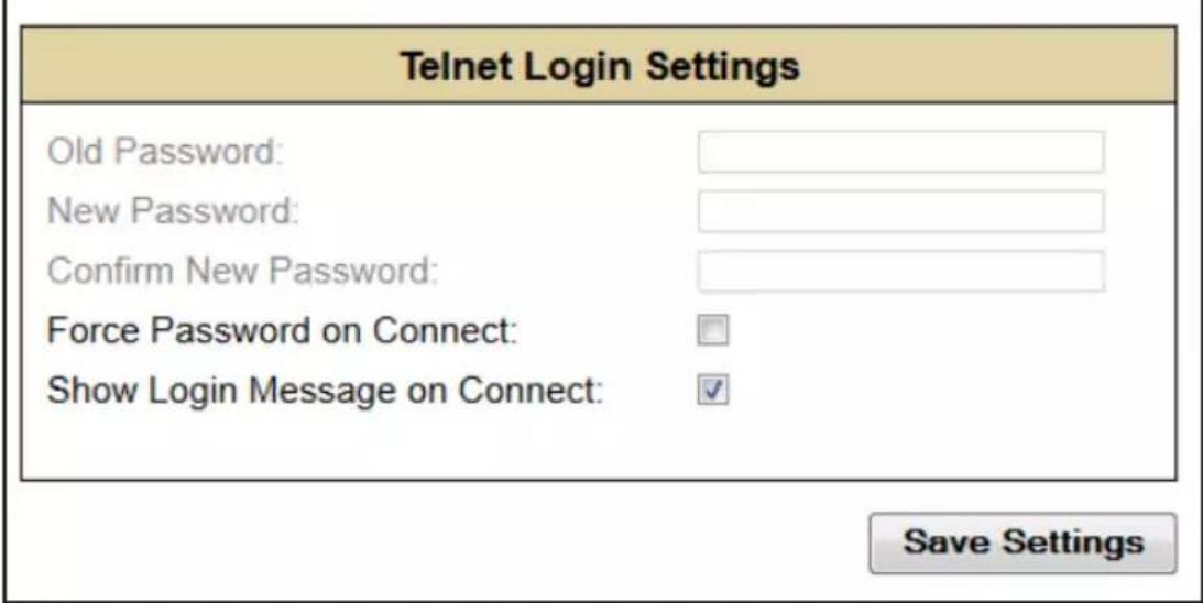 Telnet Login Settings Old Password: New Password: Confirm New Password: Force Password on Connect: Show Login Message on Connect: Save Settings