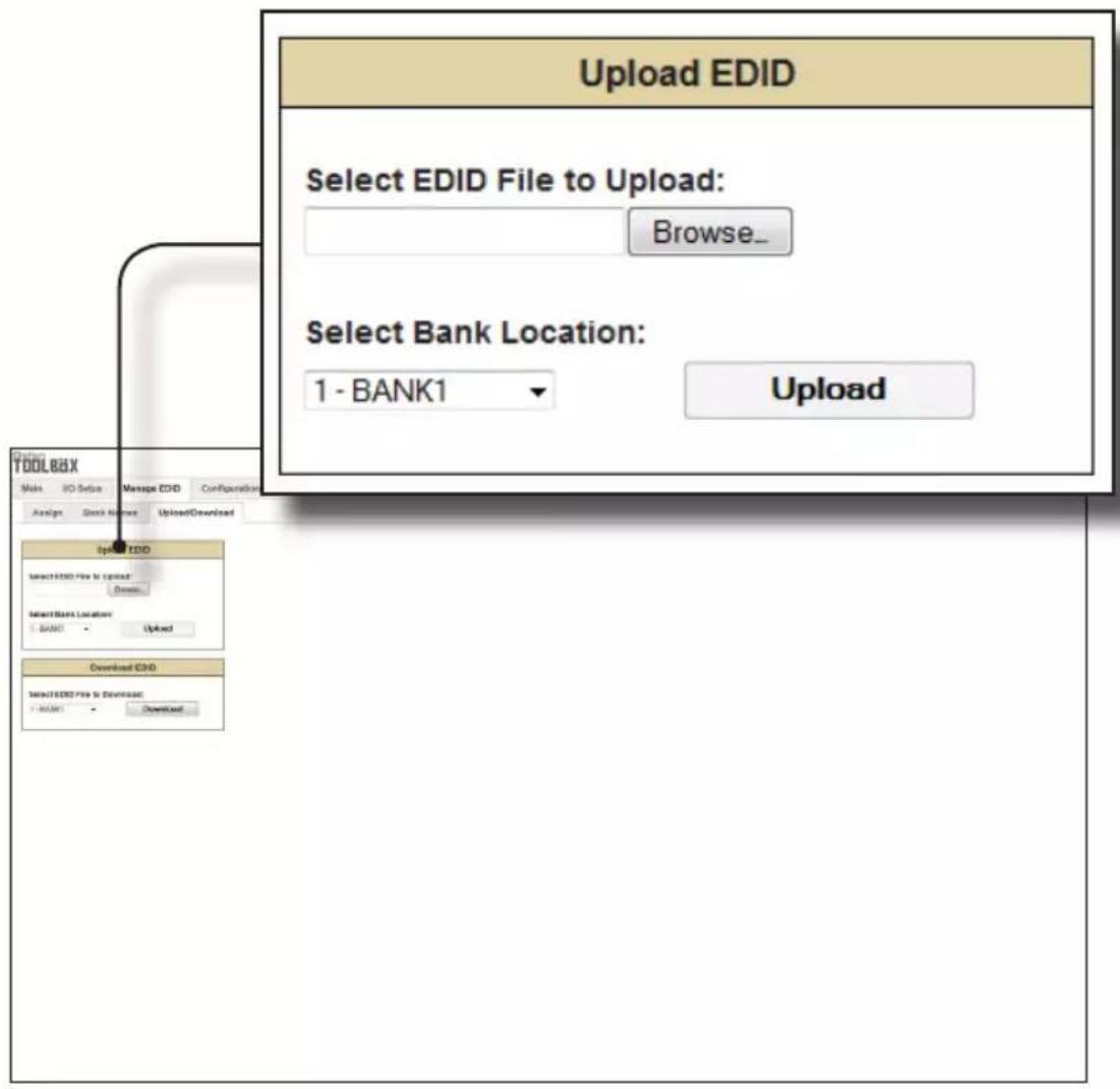 Upload EDID Select EDID File to Upload: Browse_ Select Bank Location: 1 - BANK1 Upload Tools TOOLBOX Make IO Setup Message EDID Configuration Assign Stock Names Upload/Download Spread EDID SpreadEDID File to Download Downs Select Bank Location: 1 - BANK1 Upload Download EDID SpreadEDID File to Download: 1 - BANK1 Download