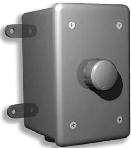 Exterior view of a metallic electrical switch with a central knob and mounting holes (no text or symbols visible)
