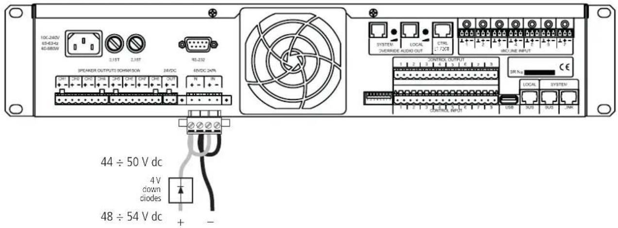 1DC-24DV 45-63-42 45-88TW 3.1ST 3.1ST SPEAKER OUTPUTS 90MH50W 24VDC 48VDC 24mA CHI CHD CHC CHD CHD CHD OUT N IN 44 ÷ 50 V dc 4V down ciodes 48 ÷ 54 V dc + -