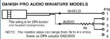 DANISH PRO AUDIO MINIATURE MODELS SHIELD AudiO 4k PIN 1 2 3 4 5 This wiring is for DPA leveler and headset microphones. NOTE: The resistor value can range from 3k to 4 x ohms. Same as DPA adapter DAD3066