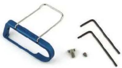 Blue clamp tool with metal frame and three black L-shaped tools beside it (no text or symbols visible)