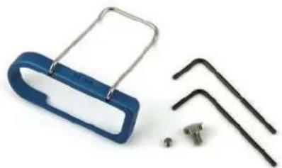 Close-up of a blue plastic clamp with metal frame and two black L-shaped tools (no text or symbols visible)