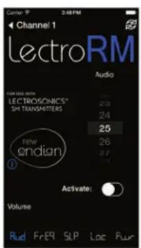 Channel 1 ElectroRM Audio CAM LINE DATA LECTROSONICS* SM TRANSMITTERS 23 24 25 26 27 1 NEW ENDIGN ① Activate: Volume Rud FrER SLP Loc Pwr