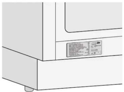 Technical diagram of a device panel with a labeled label showing specifications and components