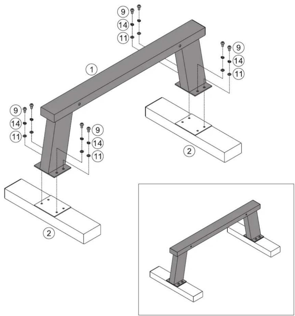 Technical diagram of a structural frame assembly with numbered components and exploded views