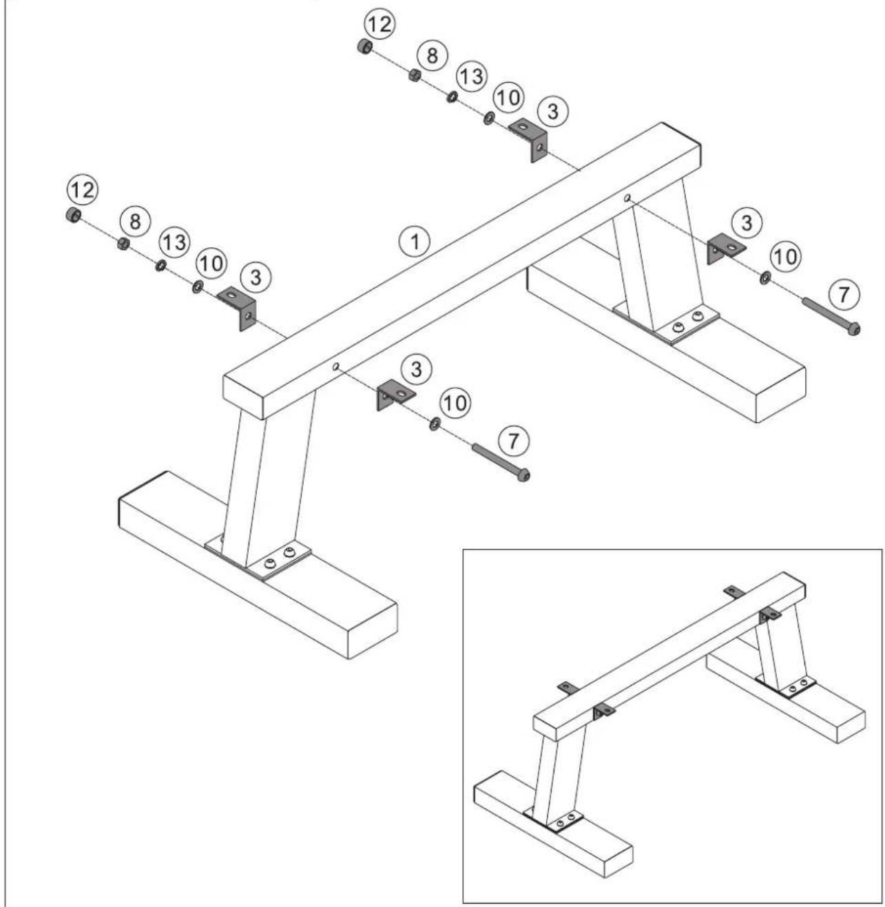 Technical diagram of a structural support frame with numbered components and assembly details
