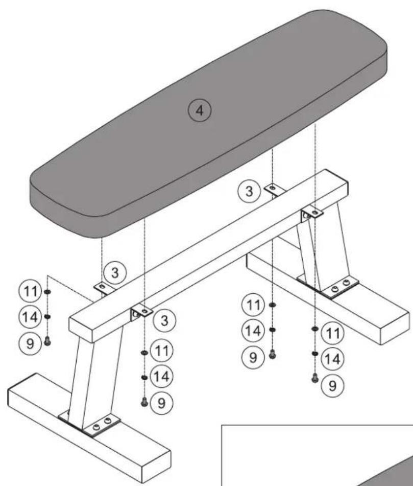 Technical diagram of a bench structure with numbered components and supporting beams