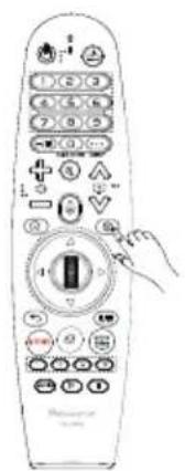 Line drawing of a remote control with labeled buttons and a hand pointing to the right button.