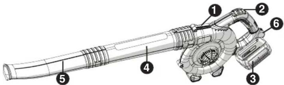Technical diagram of a hairdryer with numbered parts labeled 1 through 6