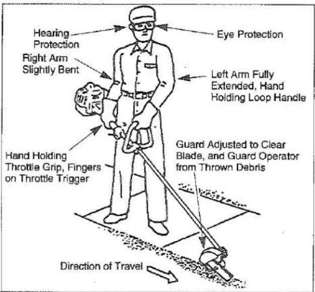 Hearing Protection Right Arm Slightly Bent Eye Protection Left Arm Fully Extended, Hand Holding Loop Handle Hand Holding Throttle Grip, Fingers on Throttle Trigger Guard Adjusted to Clear Blade, and Guard Operator from Thrown Debris Direction of Travel