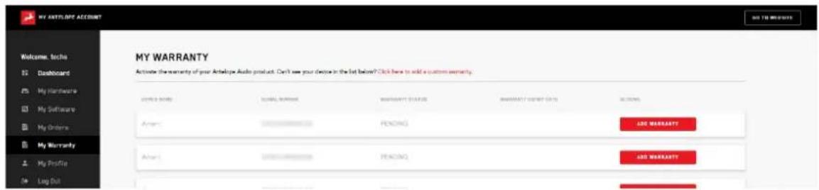 MY ANOTHER ACCOUNT Welcome: locho Database My Hardware My Software My Orders My Warranty My Profile Log Out MY WARRANTY Activate the warranty of your Anthony Audio product. Don't see your device in the list below? Click here to add a custom warranty. OFFICE NAME GLOBAL NAME Mandatory STATUS Mandatory ORDER ONLY ACCO Access Access Access Access Access Access