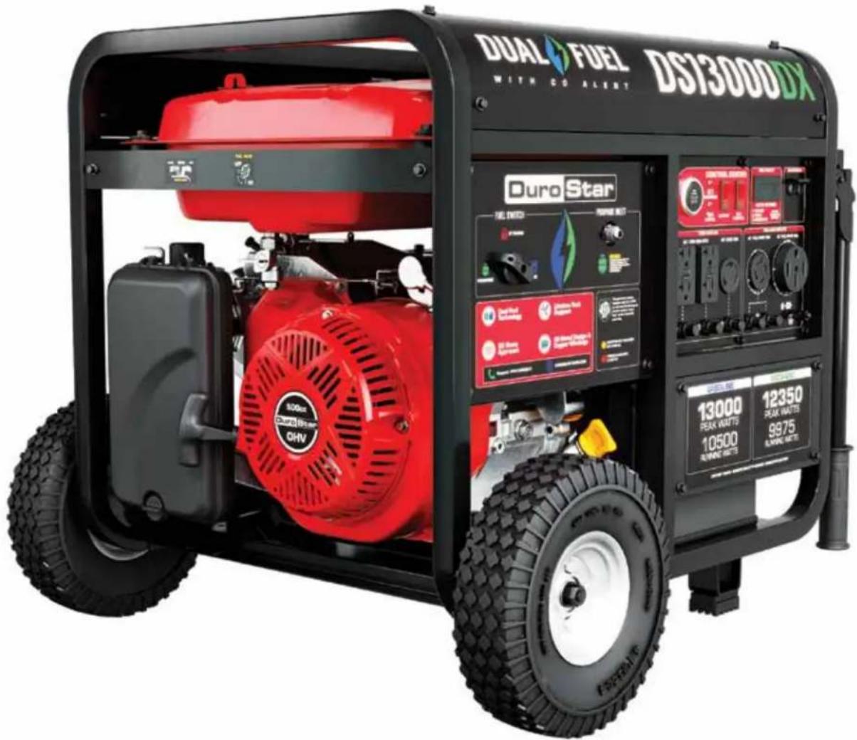 DUAL FUEL WITH CO ALERT DS13000DX Duro Star 13000 PEAK WATTS 12350 PEAK WATTS 10500 RONION BATS 9975 LEMONION BATS
