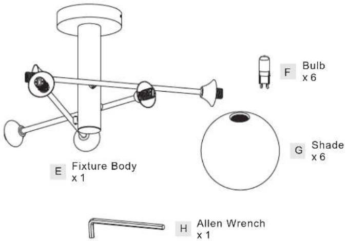 E Fixture Body x 1 F Bulb x 6 G Shade x 6 H Allen Wrench x 1