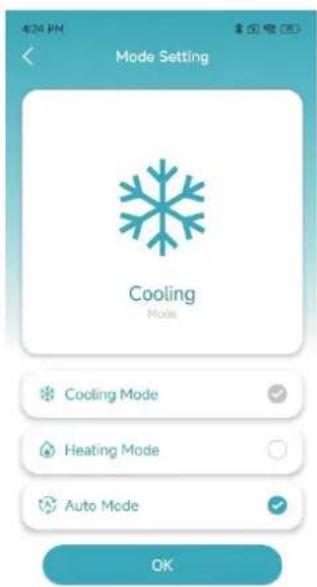 424 PM Mode Setting Cooling Mode Cooling Mode Heating Mode Auto Mode OK