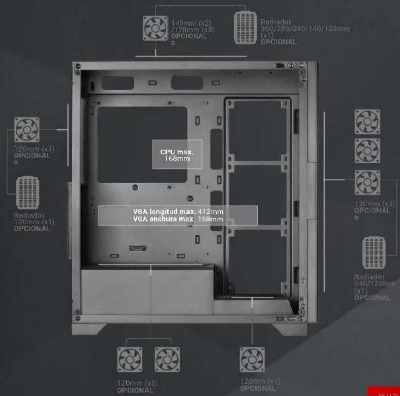 140mm (x2) 7/20mm (x3) OPCIONAL Radiador 350/280/240/140/120mm (x1) OPCIONAL CPU max. 168mm VGA longitud max. 412mm VGA anchura max. 158mm 120mm (x1) OPCIONAL Radiador 120mm (x1) OPCIONAL 120mm (x2) OPCIONAL 120mm (x1) OPCIONAL Radiador 240/120mm (x1) OPCIONAL