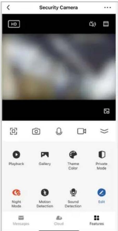 Security Camera HD Playback Gallery Theme Color Private Mode Night Mode Motion Detection Sound Detection Edit Messages Cloud Features