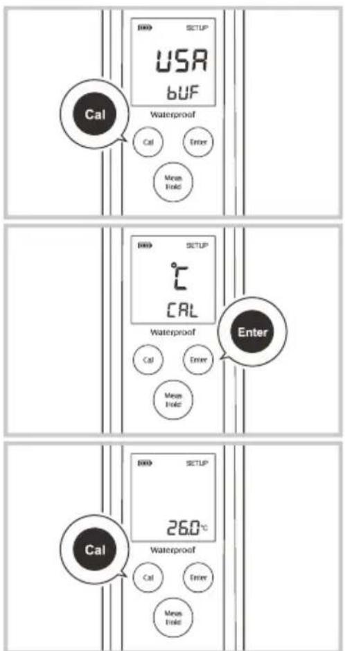 Cal Setup USA BUF Waterproof Cal Enter Mean Hold SETUP CAL Waterproof Cal Enter Mean Hold Enter Cal SETUP 26.0°C Waterproof Cal Enter Mean Hold