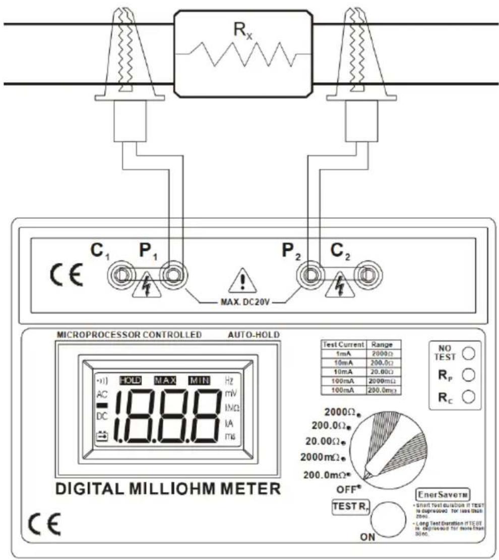 Rx C1 P1 P2 C2 MAX. DC20V MICROPROCESSOR CONTROLLED AUTO-HOLD DIGITAL MILLIOHM METER -1) HOLD MAX MIN Hz AC 18.8.8 mV DC 18.8.8 mA ns Test Current Range 1mA 2000Ω 10mA 200.0Ω 10mA 20.00Ω 100mA 2000mΩ 100mA 200.0mΩ NO TEST ○ Rp ○ Rc ○ 2000Ω. 200.0Ω. 20.00Ω. 2000mΩ. 200.0mΩ* OFF* TEST R, ON EnerSavetm • Short Test Duration if TEST is depressed. For less than 250Hz. • Long Test Duration if TEST is depressed for more than 30Hz.