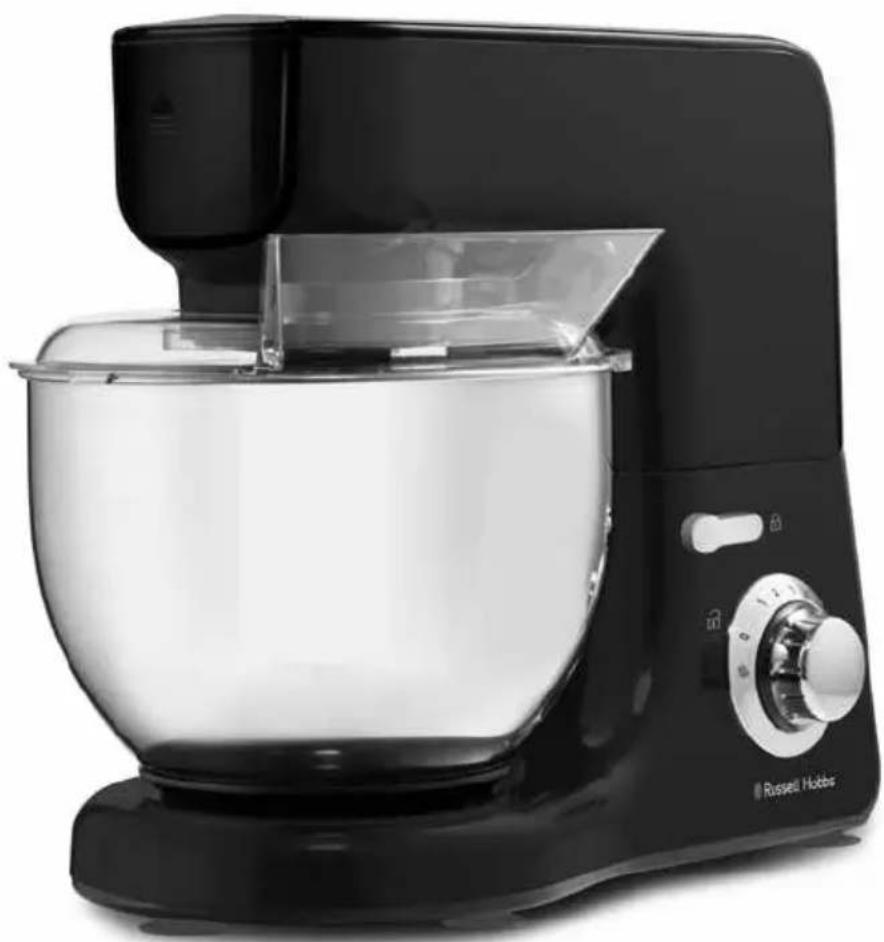 Black and white photo of a kitchen mixer with a clear glass bowl and control knob (no visible text or symbols)