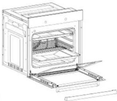 Line drawing of an open oven with internal compartments and doorways (no text or symbols)
