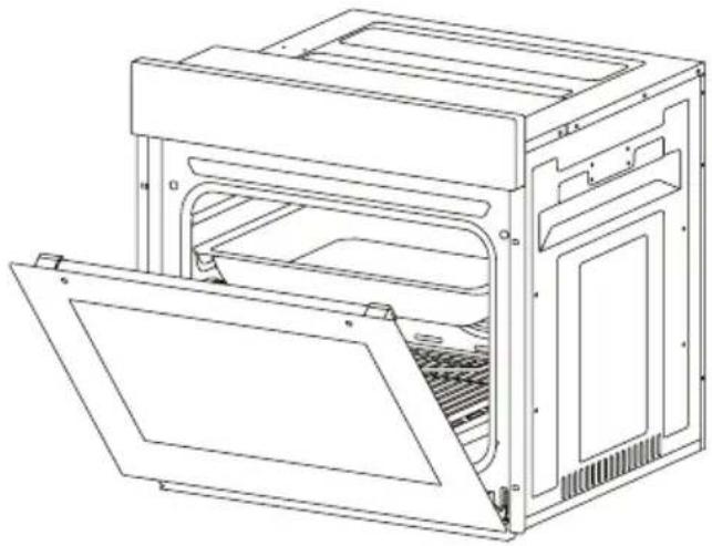 Technical line drawing of an open industrial oven or rack unit with internal compartments and ventilation slots (no text or symbols)