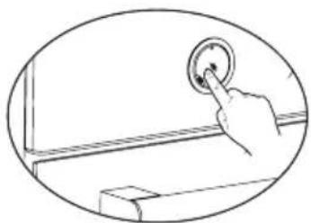 Line drawing of a hand pressing a circular button on a wall (no text or symbols)