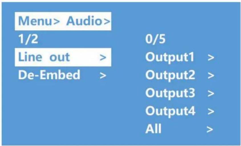 Menu> Audio> 1/2 Line out > De-Embed > 0/5 Output1 > Output2 > Output3 > Output4 > All >