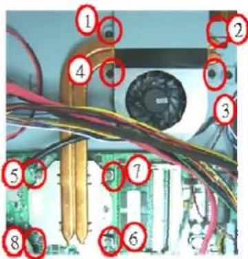 Labeled diagram of an electronic circuit board with numbered components and colored wires, likely illustrating a power or signal processing setup.