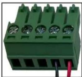 Green electrical terminal block with four terminals and a red wire, no visible text or symbols