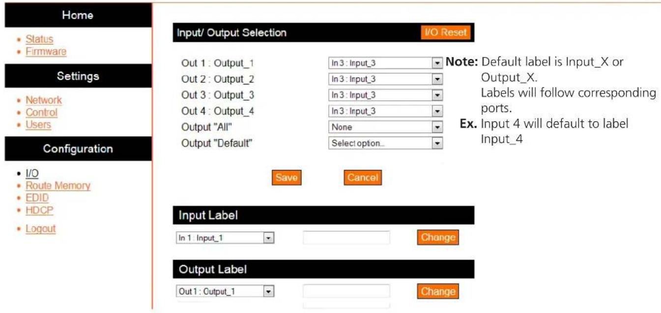 Home • Status • Firmware Settings • Network • Control • Users Configuration • I/O • Route Memory • EDID • HDCP • Logout Input/ Output Selection I/O Reset Out 1 : Output_1 In 3 : Input_3 Note: Default label is Input_X or Output_X. Labels will follow corresponding ports. Ex. Input 4 will default to la…