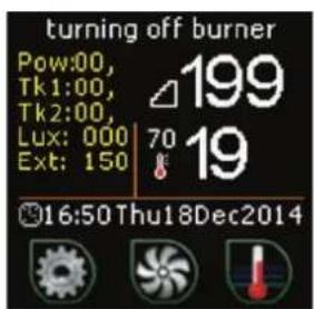 turning off burner Pow:00, Tk1:00, Tk2:00, Lux: 000 Ext: 150 199 70 19 16:50 Thu18Dec2014