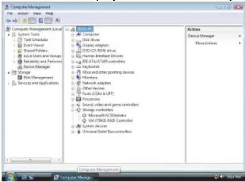 Computer Management File Action View Help Computer Management Local System Tools Task Scheduler Event Viewer Shared Polders Local Users and Groups Reliability and Performer Device Manager Storage Disk Management Services and Applications TESLA-PC Computer Disk drives Display adapters DVD/CD-ROM drives Human Interface Devices IDE ATA/ATOP controllers Keyboards Mice and other pointing devices Monsters Network adapters Other devices Ports (Cold & LPT) Processors Sound, video and game controllers Storage controllers. Microsoft iCSOS管理者 Vit iSTEARS RAID Controller System devices Universal Serial Bus controllers Actions Device Manager Miscellaneous Computer Management Computer Manage...