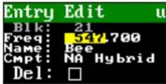 Entry Edit u Blk: 21 Freq: 547.700 Name: Bee Cmpt: NA Hybrid Del: □