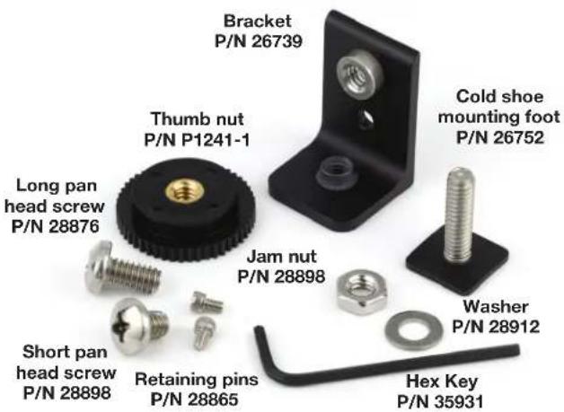 Bracket P/N 26739 Thumb nut P/N P1241-1 Long pan head screw P/N 28876 Jam nut P/N 28898 Short pan head screw P/N 28898 Retaining pins P/N 28865 Cold shoe mounting foot P/N 26752 Washer P/N 28912 Hex Key P/N 35931