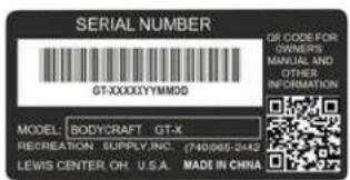 SERIAL NUMBER GT-XXXXYYMMDD OR CODE FOR OTHERS MANUAL AND OTHER INFORMATION MODEL: BODYCRAFT GT-X RECREATION. SUPPLY.INC. (740)665-2442 LEWIS CENTER. OH. U.S.A. MADE IN CHINA