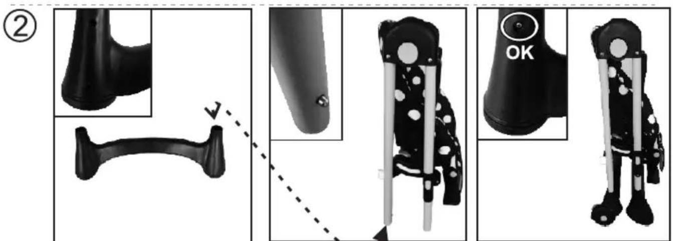 Technical diagram illustrating the step-by-step assembly of a mechanical device with labeled parts and directional arrows.