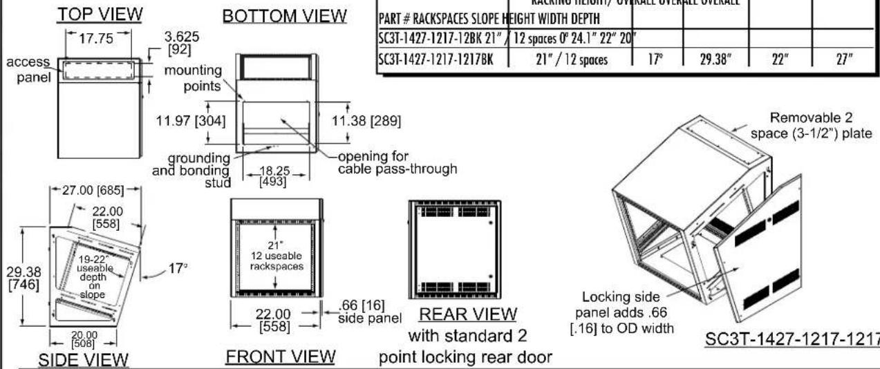 TOP VIEW access panel 17.75 3.625 [92] mounting points 11.97 [304] grounding and bonding stud 18.25 [493] BOTTOM VIEW 11.38 [289] opening for cable pass-through PART # RACKSPACES SLOPE HEIGHT WIDTH DEPTH SC3T-1427-1217-12BK 21" / 12 spaces 0° 24.1" 22" 20" SC3T-1427-1217-1217BK RACKING HEIGHT/ OVERALL OVERALL OVERALL 17° 29.38" 22" 27" Removable 2 space (3-1/2") plate SIDE VIEW 27.00 [685] 22.00 [558] 19-22° useable depth on slope 29.38 [746] 20.00 [508] FRONT VIEW 21° 12 useable rackspaces 22.00 [558] .66 [16] side panel REAR VIEW with standard 2 point locking rear door Locking side panel adds .66 [.16] to OD width SC3T-1427-1217-1217