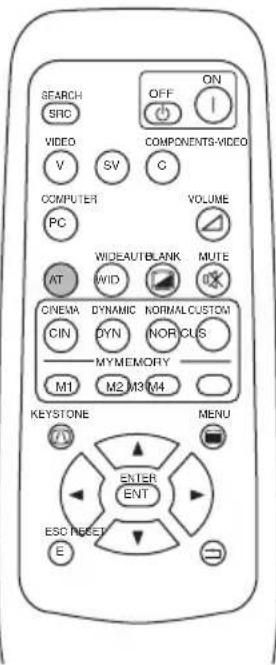 SEARCH SRC VIDEO V SV COMPONENTS-VIDEO C VOLUME COMPUTER PC WIDE-AUT-BLANK MUTE AT WID ON CINEMA DYNAMIC NORMAL-CUSTOM DYN NORI-US MYMEMORY M1 M2 M3 M4 KEYSTONE MENU ENTER ENT ESC RESET E