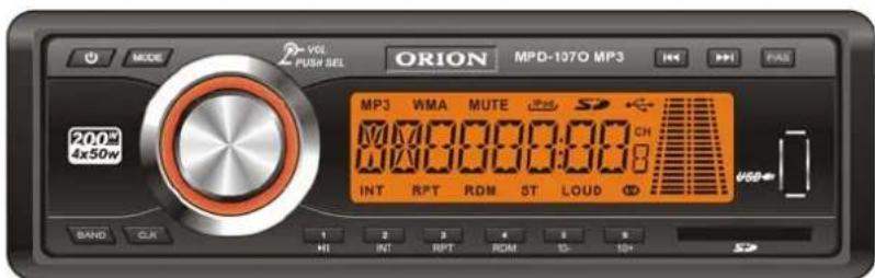MODE VOL PUSH SEL ORION MPD-1370 MP3 HV PASS 200m 4x50w MP3 WMA MUTE MM 00000:00 CH INT RPT RDM ST LOUD V60+ SAND CLK 1 2 3 4 5 6 HI INT RPT ROM 13 10+ S