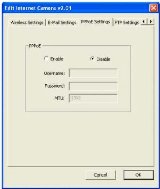 Edit Internet Camera v2.01 Wireless Settings | E-Mail Settings | PPPoE Settings | FTP Settings | PPPoE Enable Disable Username: Password: MTU: 1392 Cancel OK