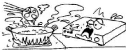 Cartoon illustration of a hot pot cooking with steam rising, next to a steaming refrigerator (no text or symbols)